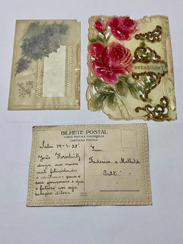 Cartão Postal Bilhete Antigo Flores Rosas Em Relevo