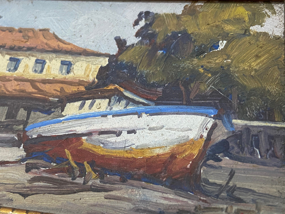 Quadro Antigo Pintura Walter Veiga - Barco E Casario - Ose