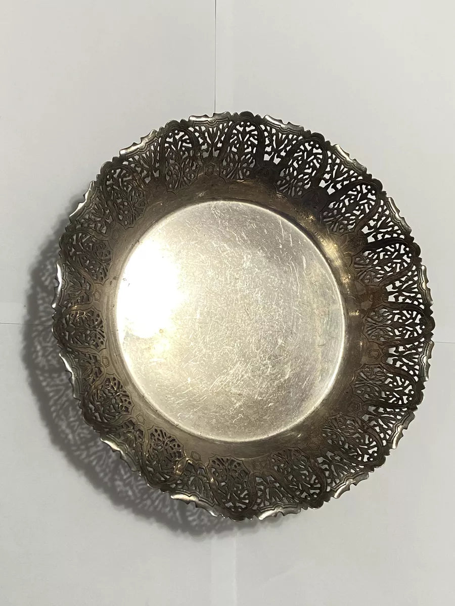 Antiga Bandeja Com Bordas Detalhadas Metal Prata