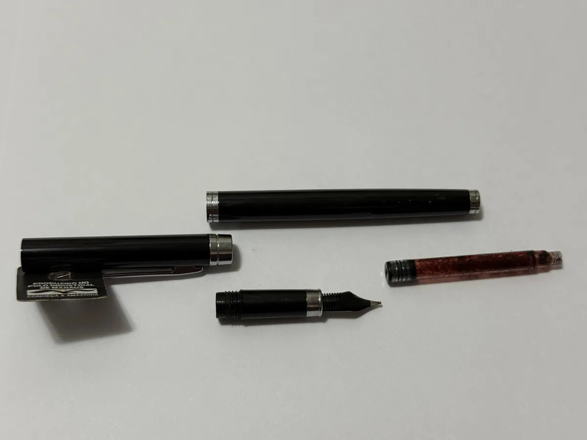 Caneta Antiga Tinteiro Crown Preta E Prata Com Estojo