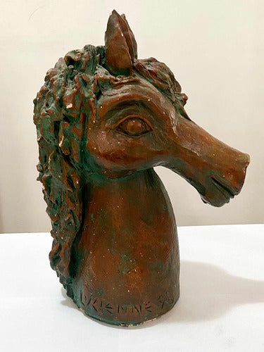 Escultura Antiga Cabeça De Cavalo Em Terracota Assinada