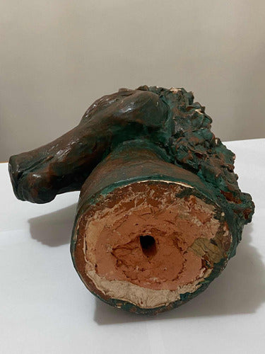 Escultura Antiga Cabeça De Cavalo Em Terracota Assinada
