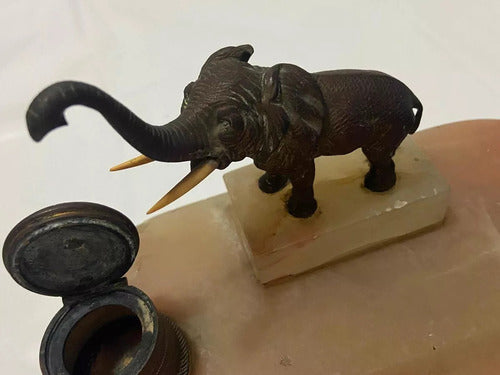 Tinteiro Antigo Em Mármore Escultura De Elefante Em Bronze