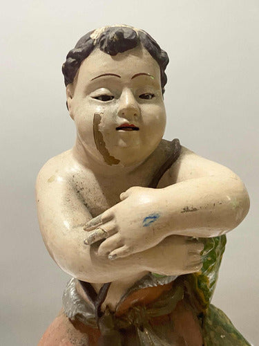Escultura antiga querubim anjo em gesso policromado