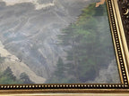 Quadro Antigo Montanhas Em Tecido - Moldura Dourada