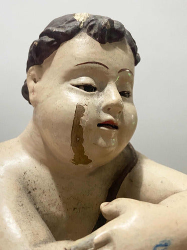 Escultura antiga querubim anjo em gesso policromado