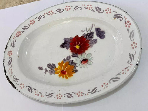Bandeja Antiga Oval Esmaltada Bumper Harvest Com Flores