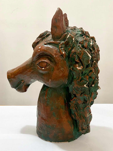 Escultura Antiga Cabeça De Cavalo Em Terracota Assinada