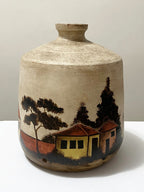 Vaso Cerâmica Pintado À Mão Paisagem Casas Igreja