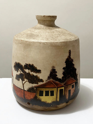 Vaso Cerâmica Pintado À Mão Paisagem Casas Igreja