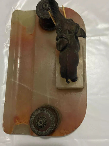Tinteiro Antigo Em Mármore Escultura De Elefante Em Bronze
