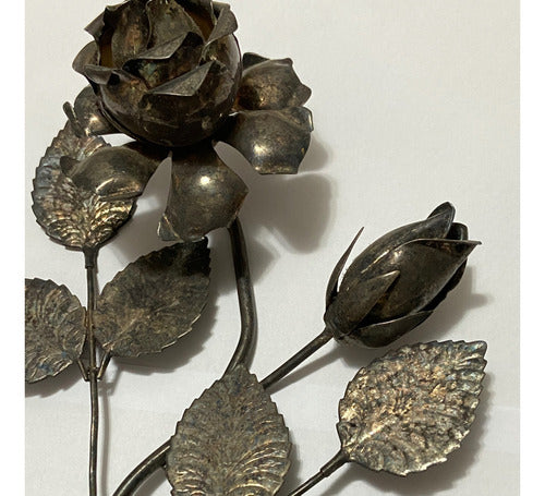 Escultura Flor Rosa Espessurada Á Prata Antiga 28,5cm