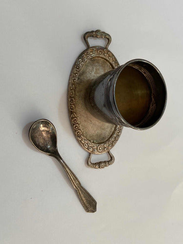 Lote Mini Colher Antiga Bandeja E Copo Antigo Cor Prata