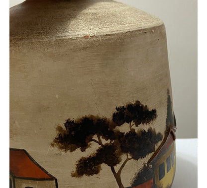 Vaso Cerâmica Pintado À Mão Paisagem Casas Igreja