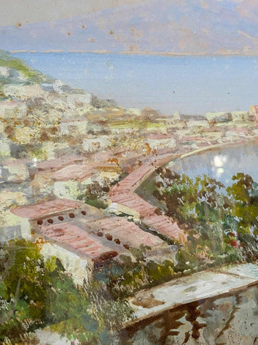 Quadro Antigo Pintura Vista Costa Italiana Assinado