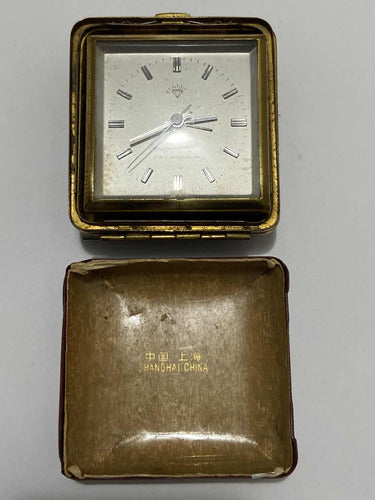 Vintage Shanghai China 15 Jewels mechanical travel clock with gold-tone square case and removable cover box
