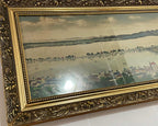 Quadro Antigo Vista Panorâmica em Tecido com Moldura Dourada