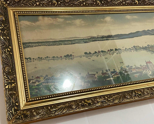 Quadro Antigo Vista Panorâmica em Tecido com Moldura Dourada