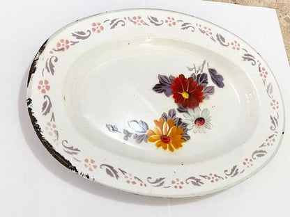 Bandeja Antiga Oval Esmaltada Bumper Harvest Com Flores
