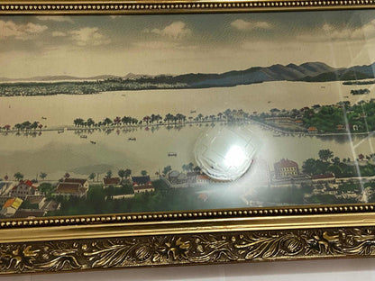Quadro Antigo Vista Panorâmica em Tecido com Moldura Dourada