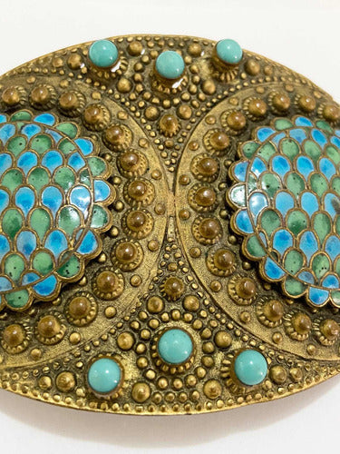 Fivela De Cinto Antiga Dourado Com Pedras Turquesa