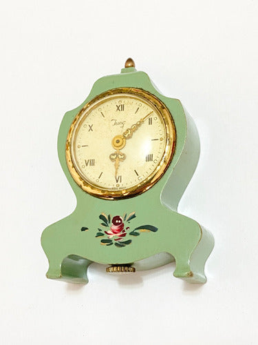 Relógio Antigo De Mesa Suíço Jung Com Pintura Pequeno Dourad