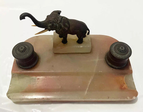 Tinteiro Antigo Em Mármore Escultura De Elefante Em Bronze