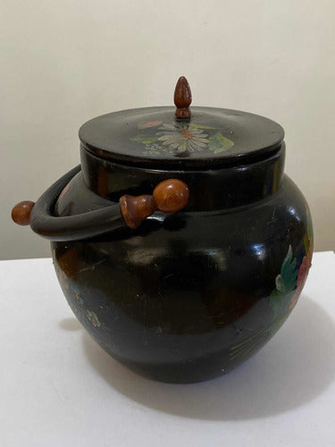 Vaso Antigo Pote De Madeira Com Pintura Flores