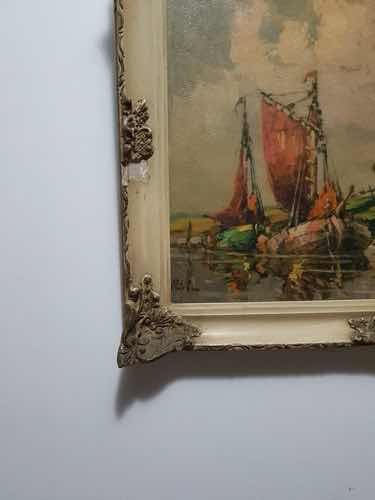 Antigo Quadro Pintura Óleo Paisagem Barco Assi Bela Moldura