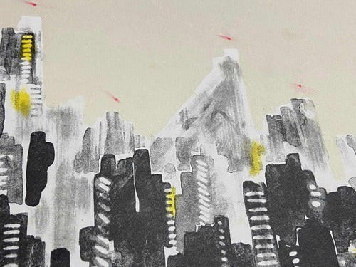 quadro Gravura antiga Abstrata Paisagem Urbana Assinada 50x70