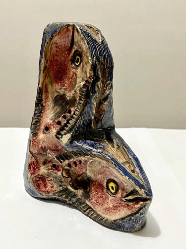 Escultura Antiga De Peixes Em Cerâmica Artesanal Assinada