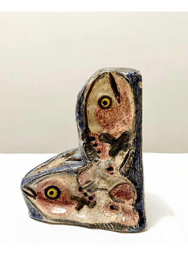 Escultura Antiga De Peixes Em Cerâmica Artesanal Assinada