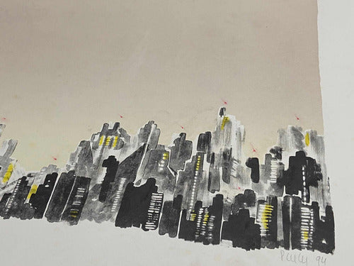 quadro Gravura antiga Abstrata Paisagem Urbana Assinada 50x70
