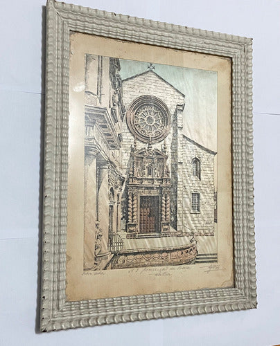 Quadro Antigo Pintura Sobre Seda Igreja Assinado Com Vidro