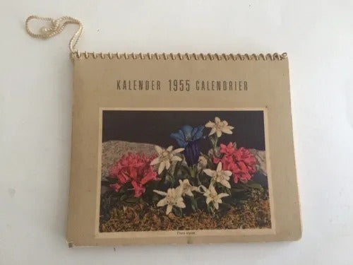 Antigo Calendário Com Pinturas Floridas 1955
