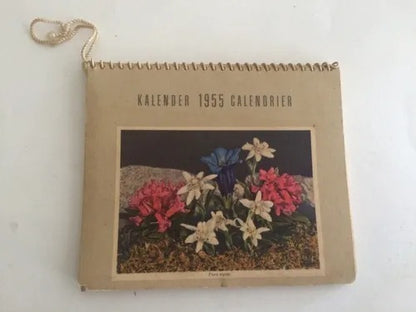 Antigo Calendário Com Pinturas Floridas 1955