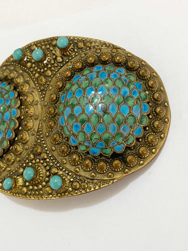 Fivela De Cinto Antiga Dourado Com Pedras Turquesa
