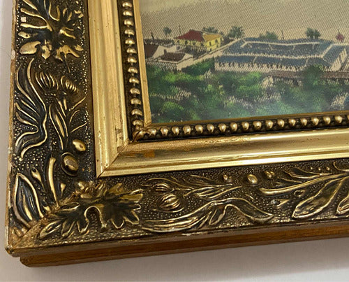 Quadro Antigo Vista Panorâmica em Tecido com Moldura Dourada