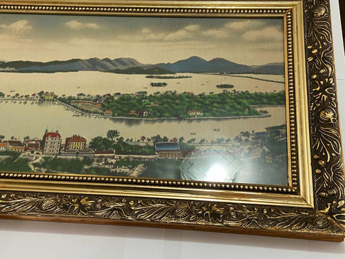 Quadro Antigo Vista Panorâmica em Tecido com Moldura Dourada