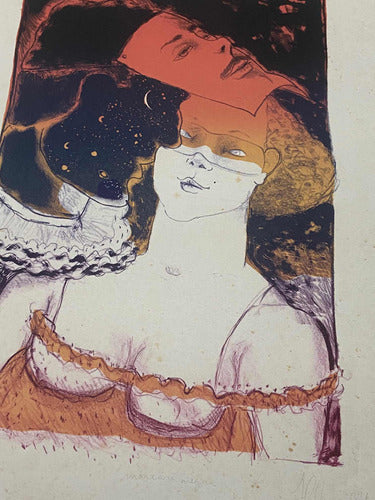 Quadro Gravura Antiga Assinada Figura Feminina Máscara