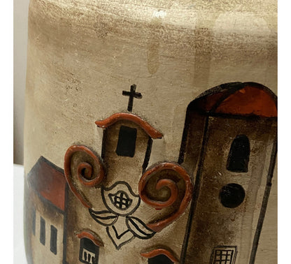 Vaso Cerâmica Pintado À Mão Paisagem Casas Igreja