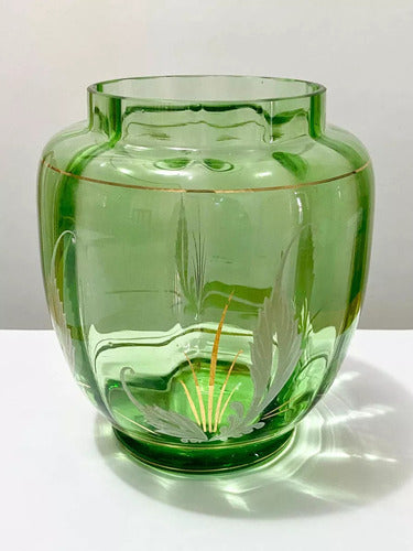 Vaso Antigo De Vidro Com Desenhos Cor Verde E Dourado