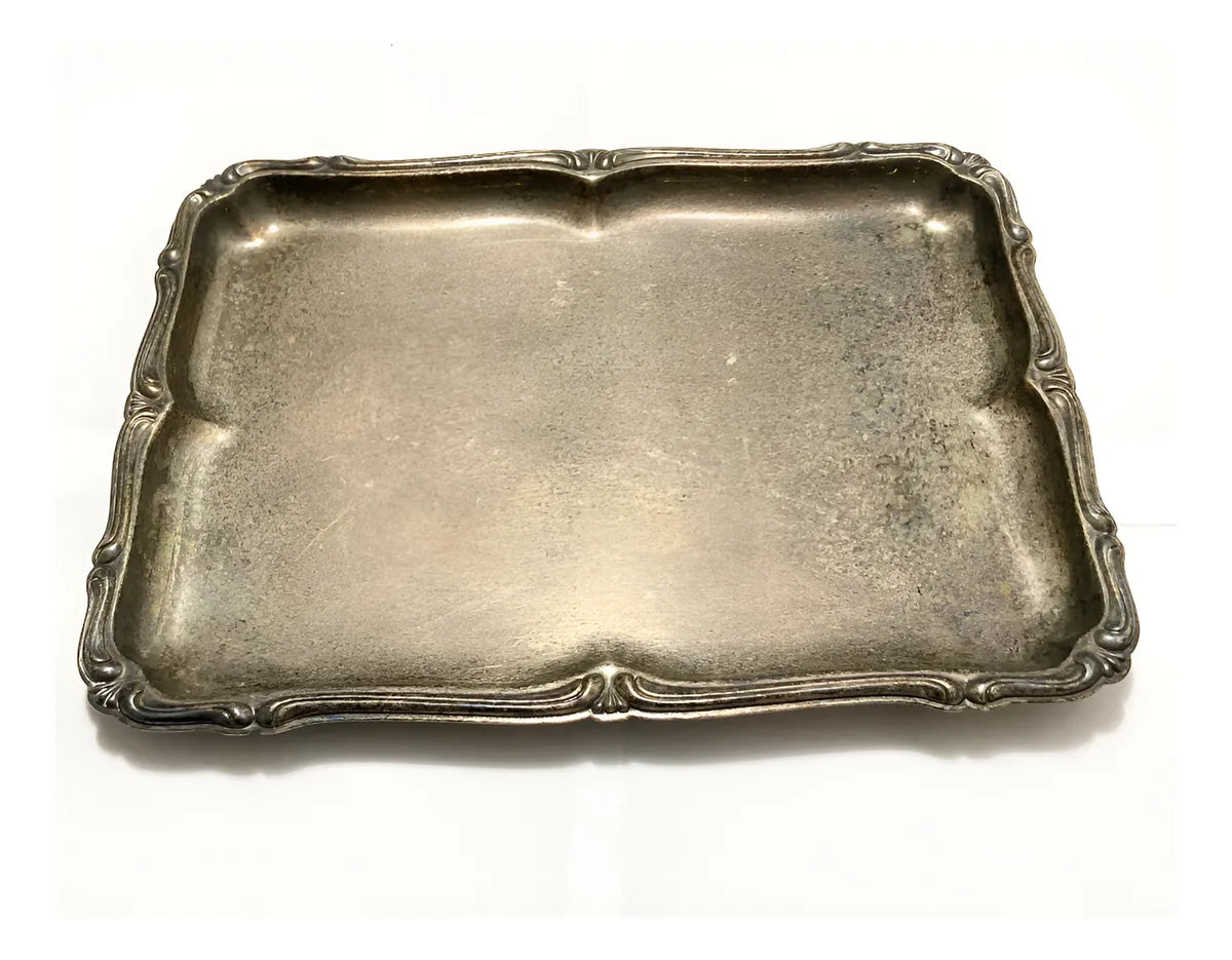 Antiga Bandeja Retangular Em Metal Prateado 25,5x19,5cm