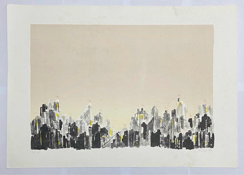 quadro Gravura antiga Abstrata Paisagem Urbana Assinada 50x70