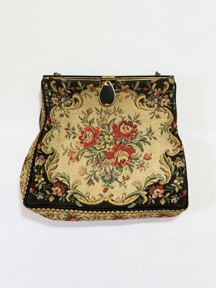 Bolsa De Festa Tapeçaria Floral Francesa 15x16cm Antiga