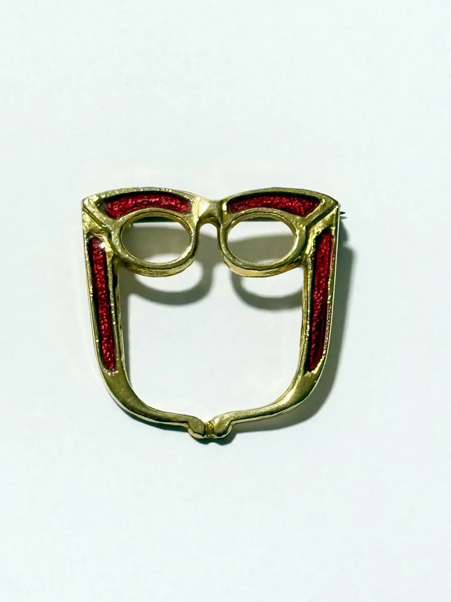 Broche Antigo Exquisite Óculos Dourado Esmaltado Vermelho