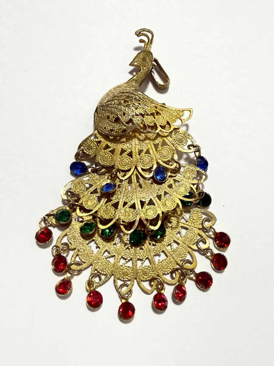 Broche Antigo Pavão Dourado Filigrana Pedras Coloridas