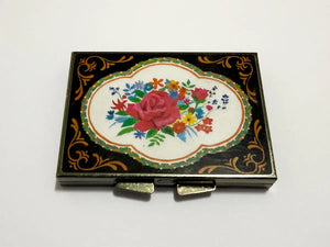 Caixa Porta Pó Compacto Antiga Em Metal Floral Com Espelho