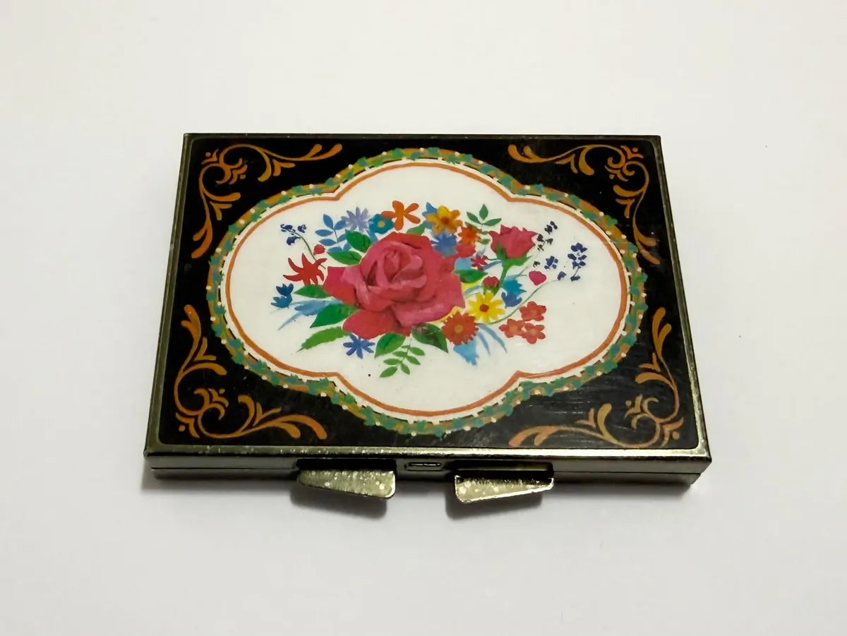 Caixa Porta Pó Compacto Antiga Em Metal Floral Com Espelho