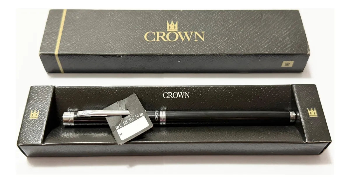 Caneta Antiga Tinteiro Crown Preta E Prata Com Estojo